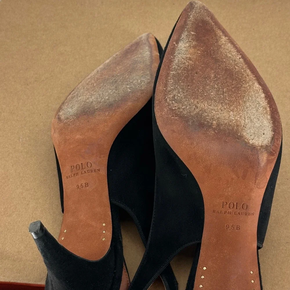 Polo Ralph Lauren Black Stacy Leather Suede Pump Pointed Slingback Heel‎ 9.5 B